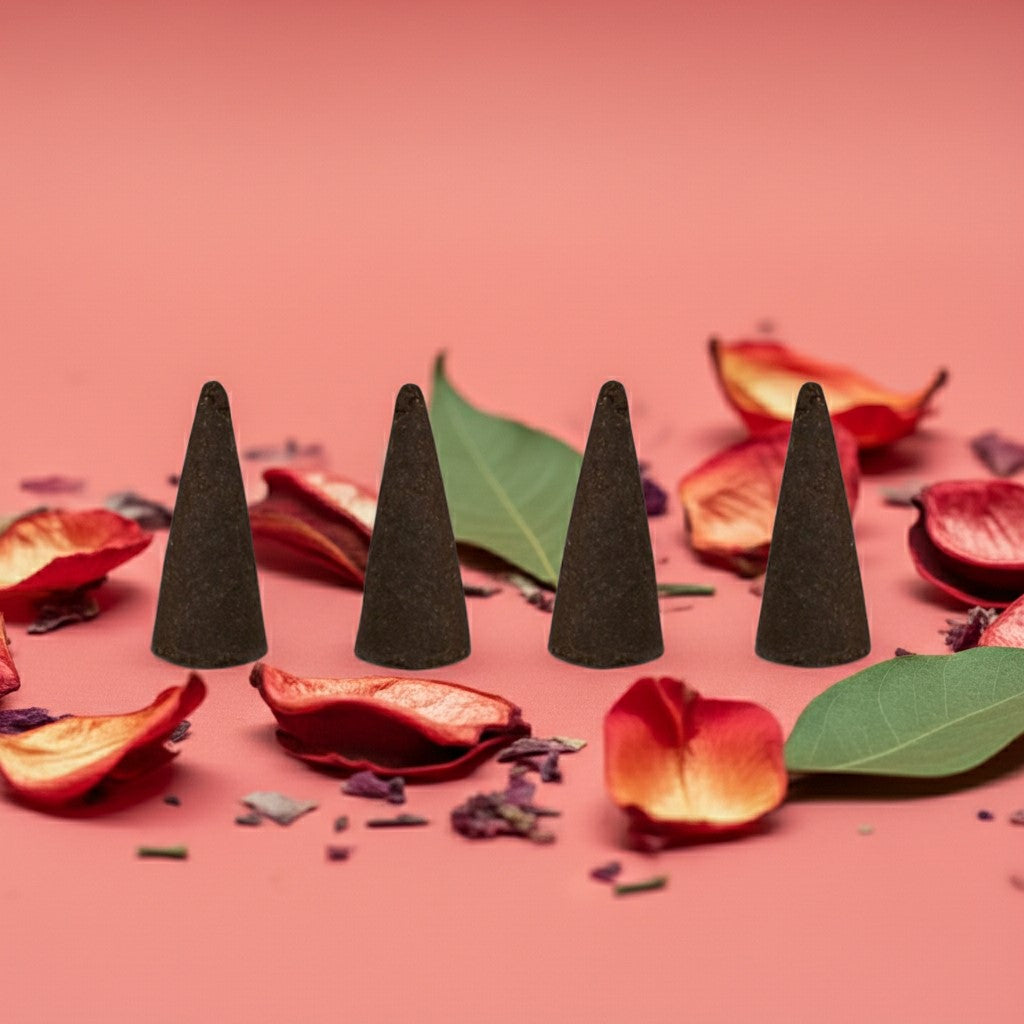 Grapefruit Incense Cones on a pink background with red petals and green leaves.