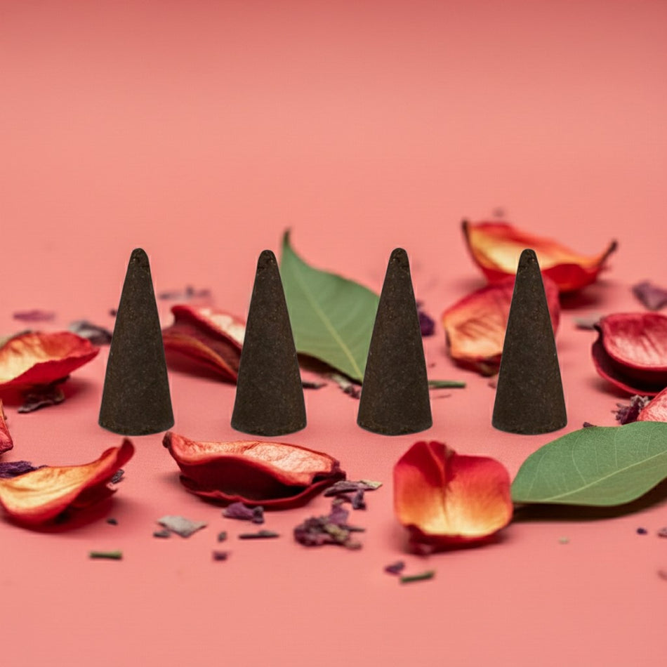 Grapefruit Incense Cones on a pink background with red petals and green leaves.