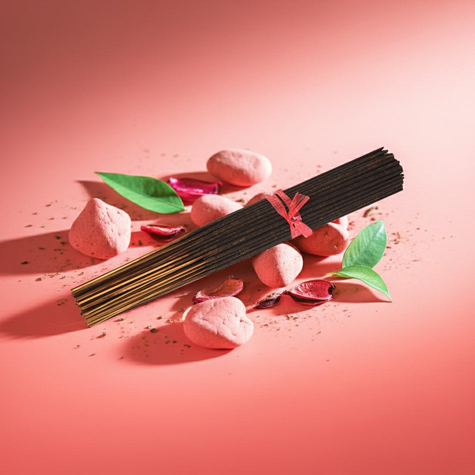 Grapefruit Incense Sticks with a pink ribbon on a pink background with stones and leaves.