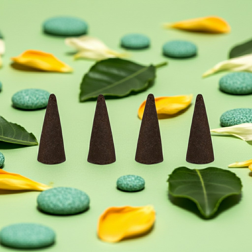 Green Apple Incense Cones on a green surface with leaves and stones.