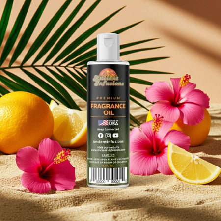 Hawaiian Aloha Febreze Inspired Fragrance Oil with tropical ingredients and vibrant hibiscus flowers.