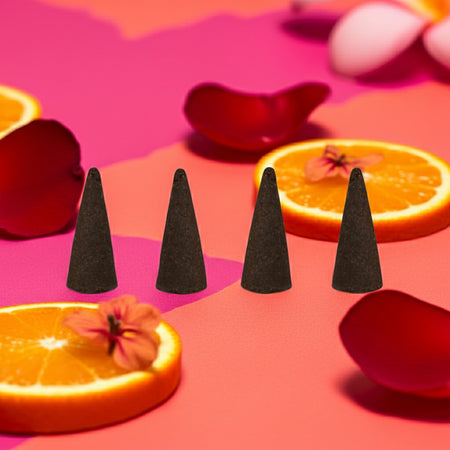 Hawaiian Punch Incense Cones with orange slices and flowers on a pink background