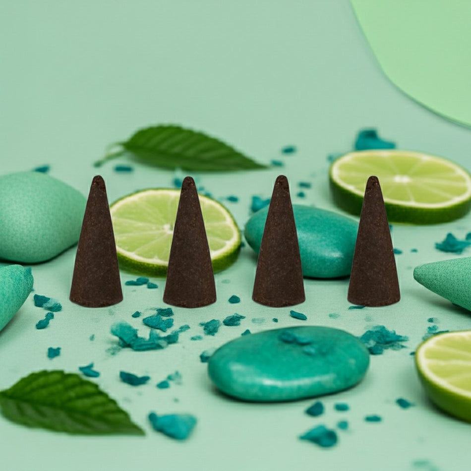 Honeydew Melon Incense Cones on a green surface with lime slices and leaves