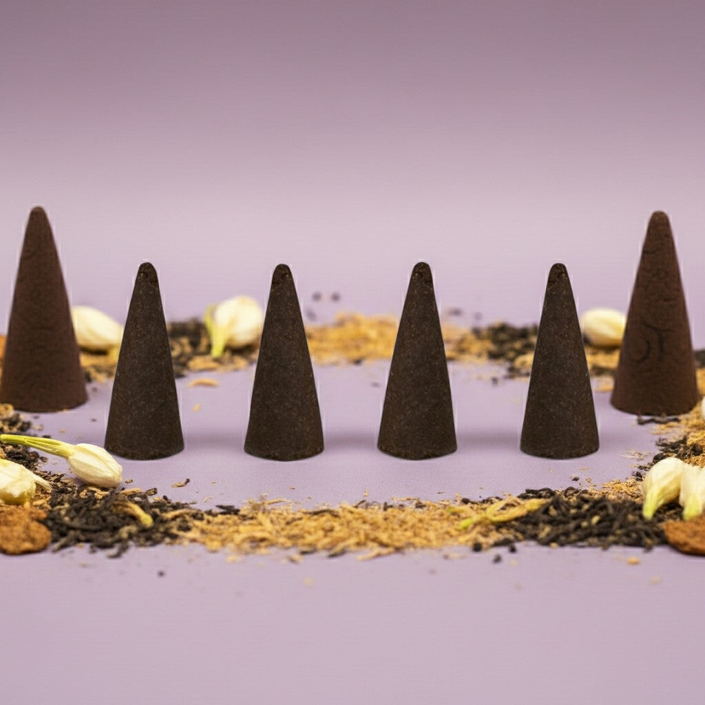 Imported Alien Inspired Incense Cones on a purple background with herbs and spices spread around the incense cones.