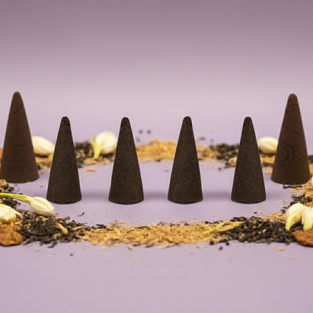 Imported Alien Inspired Incense Cones on a purple background with herbs and spices spread around the incense cones.