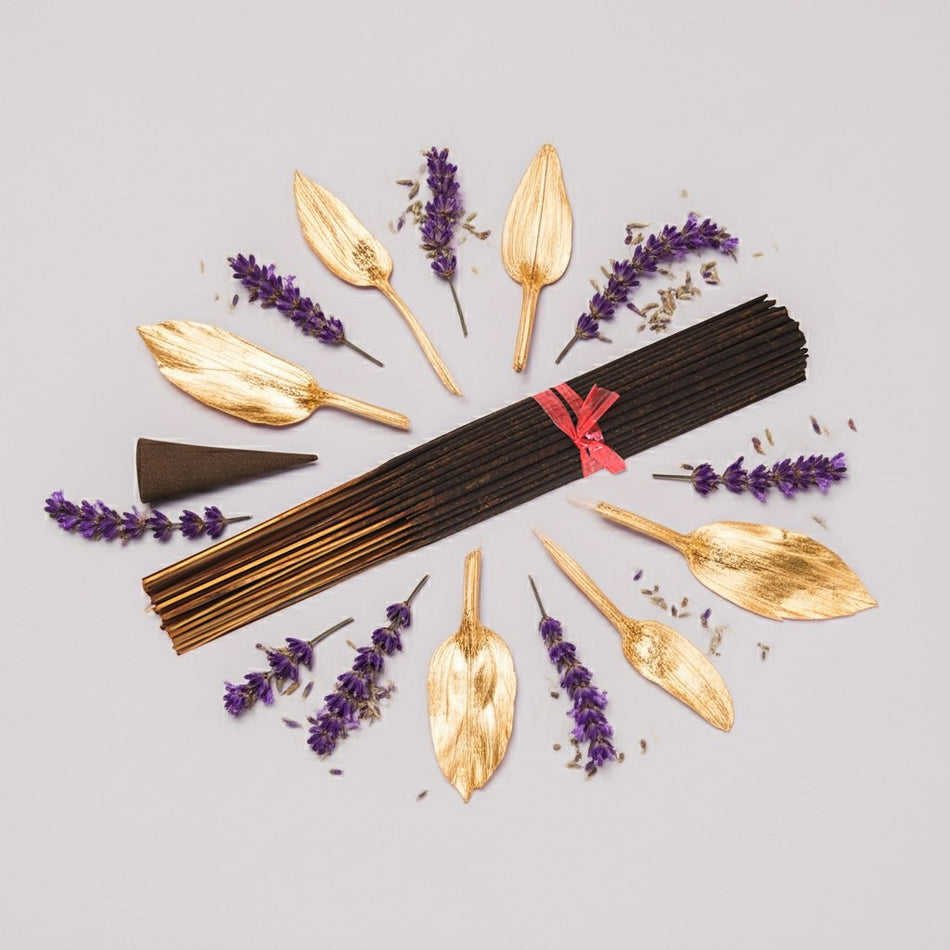 Imported Alien Inspired Incense Sticks with gold cones and lavender flowers on a light gray background