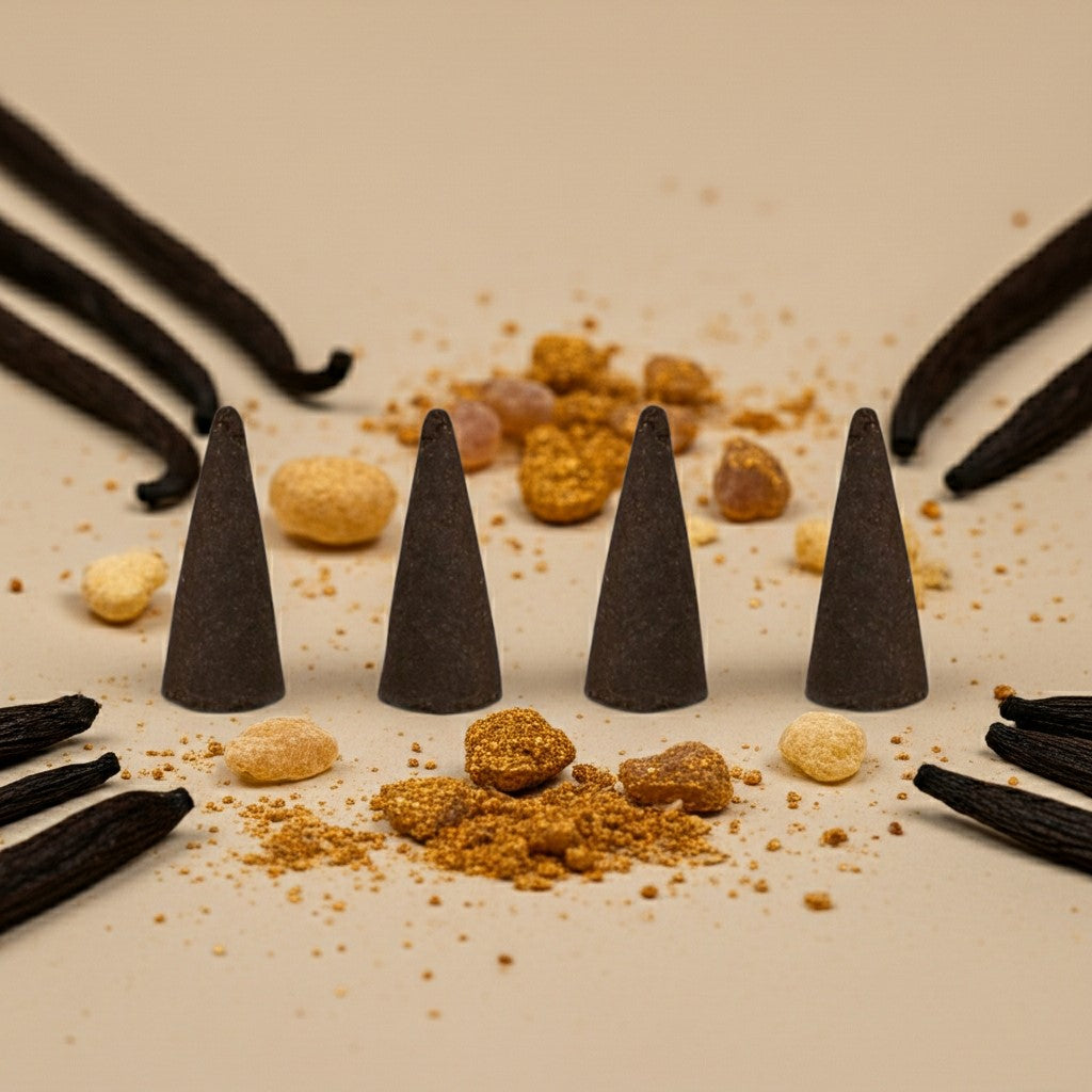 Imported Amber White Incense cones with vanilla beans and vanilla pods on a beige background