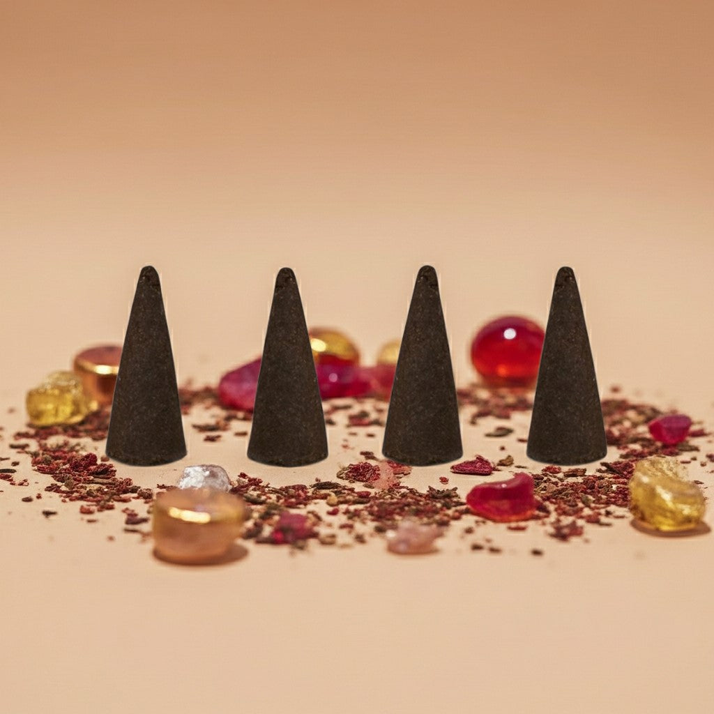 Imported Baccarat Rouge 540 Inspired incense cones on a decorative surface with small colorful objects.