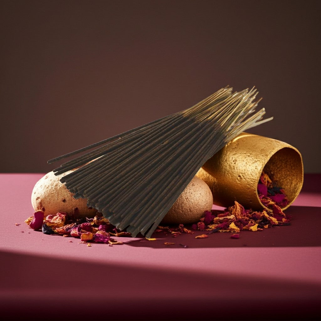 Imported Baccarat Rouge 540 Inspired Incense Sticks Decorative arrangement with gold and silver elements on a dark background