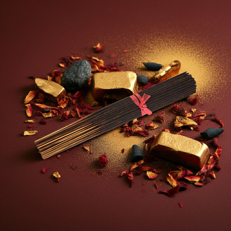 Imported Baccarat Rouge 540 Inspired Incense Sticks with gold bars and dried flowers on a dark background