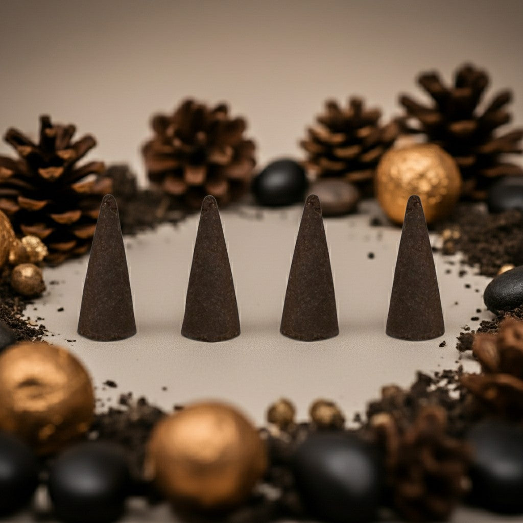 Imported Black Oud Incense Cones with pinecones and decorative balls on a neutral background