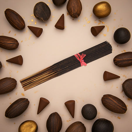 Imported Black Oud Incense Sticks with a pink ribbon surrounded by various shaped and sized incense cones on a light background