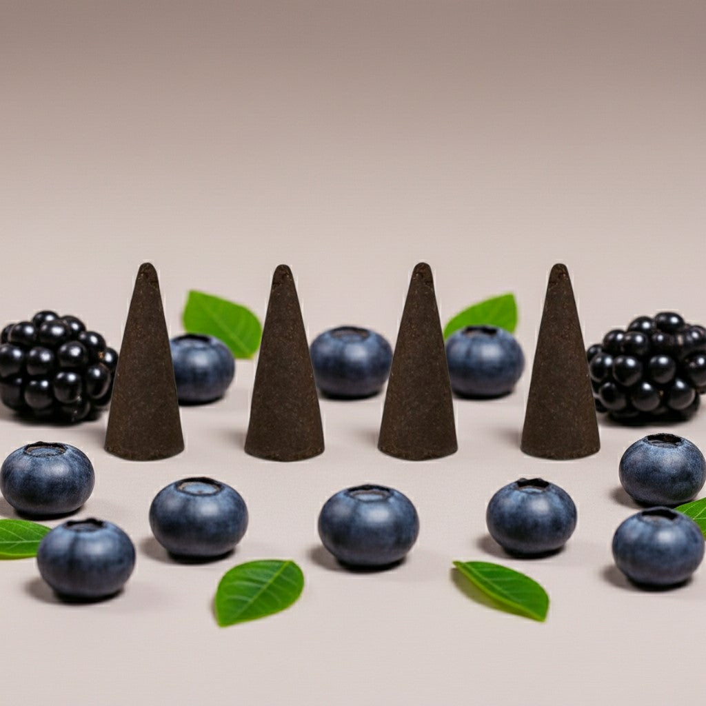 Imported Blueberry Grapes Incense Cones and blueberries arranged on a beige background