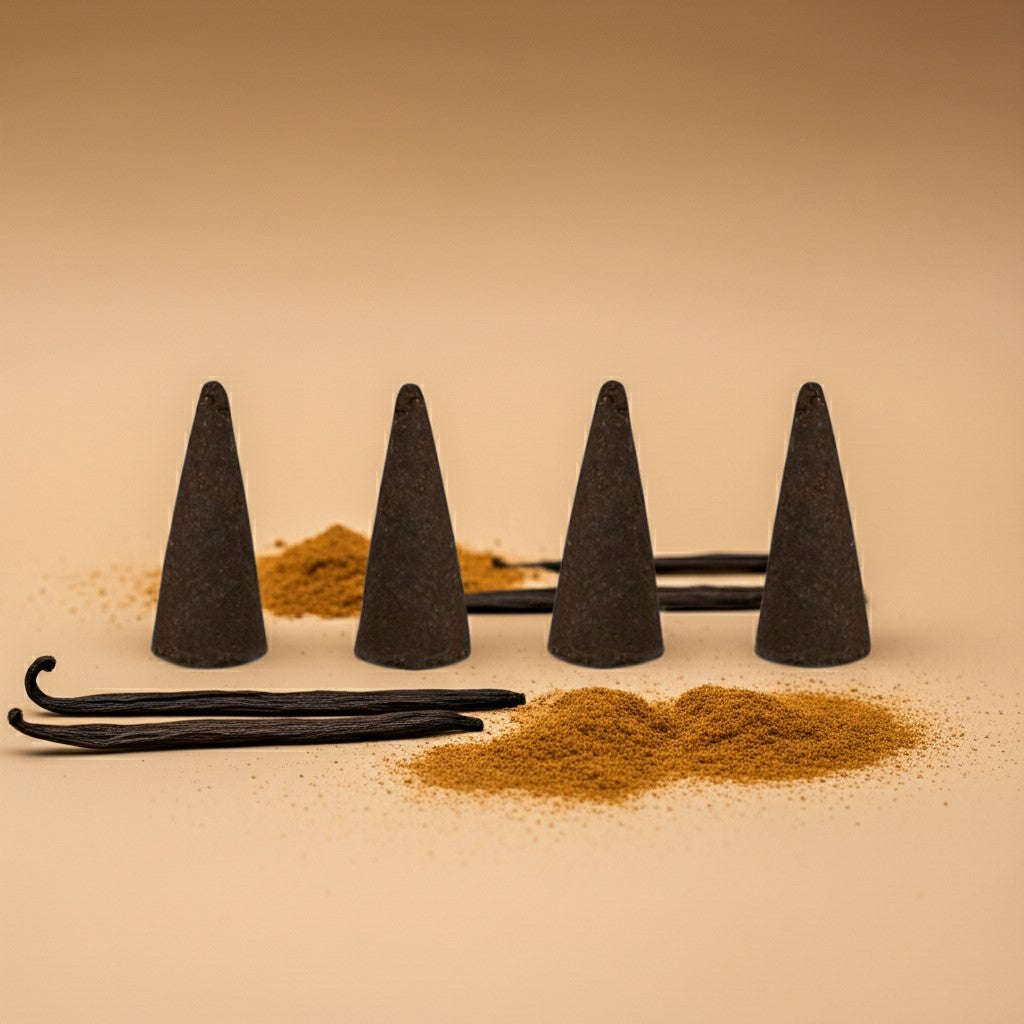 Imported Golden Sand Incense Cones with a pile of brown powder on a beige background