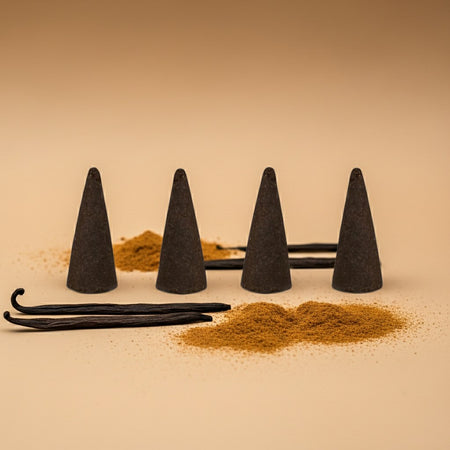 Imported Golden Sand Incense Cones with a pile of brown powder on a beige background