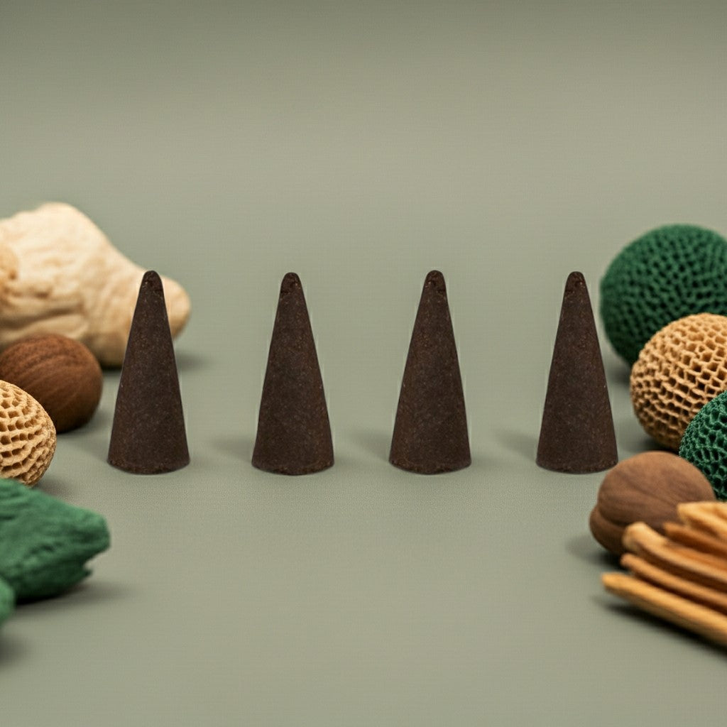 Imported Green Musk Incense Cones with natural elements on a green background