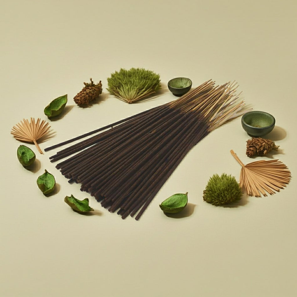 Imported Green Musk Incense Sticks with natural elements on a beige background