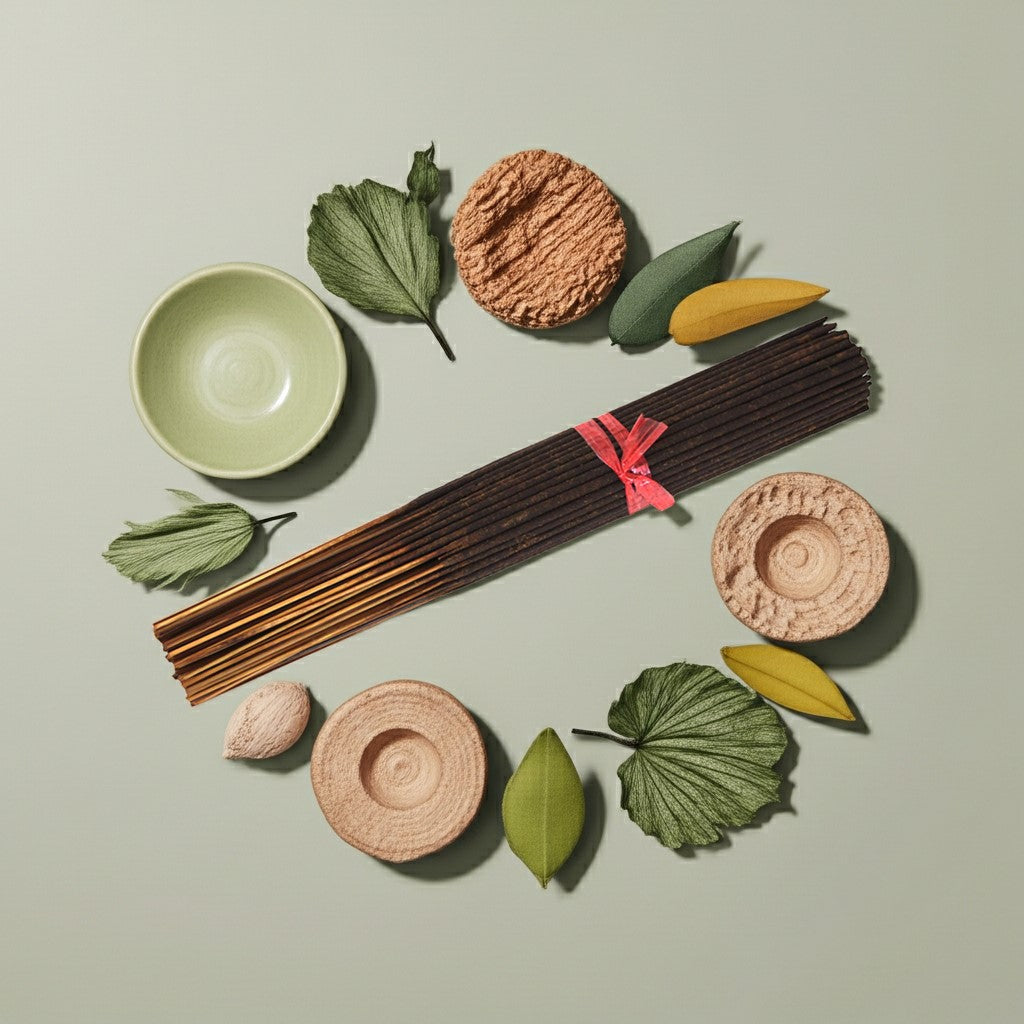 Imported Green Musk Incense Sticks with ceramic bowls and leaves on a light green background