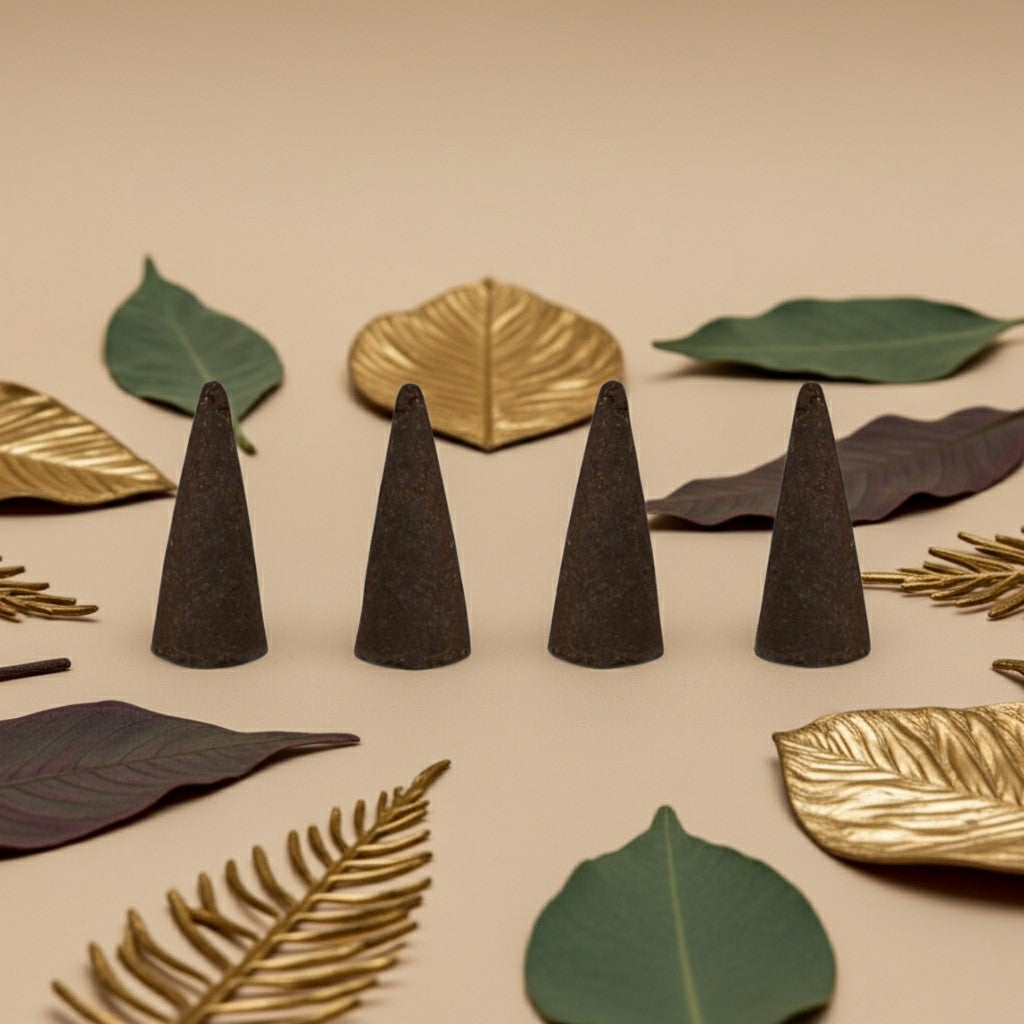 Imported Jannatul Firdaus Incense Cones with decorative leaves on a beige background