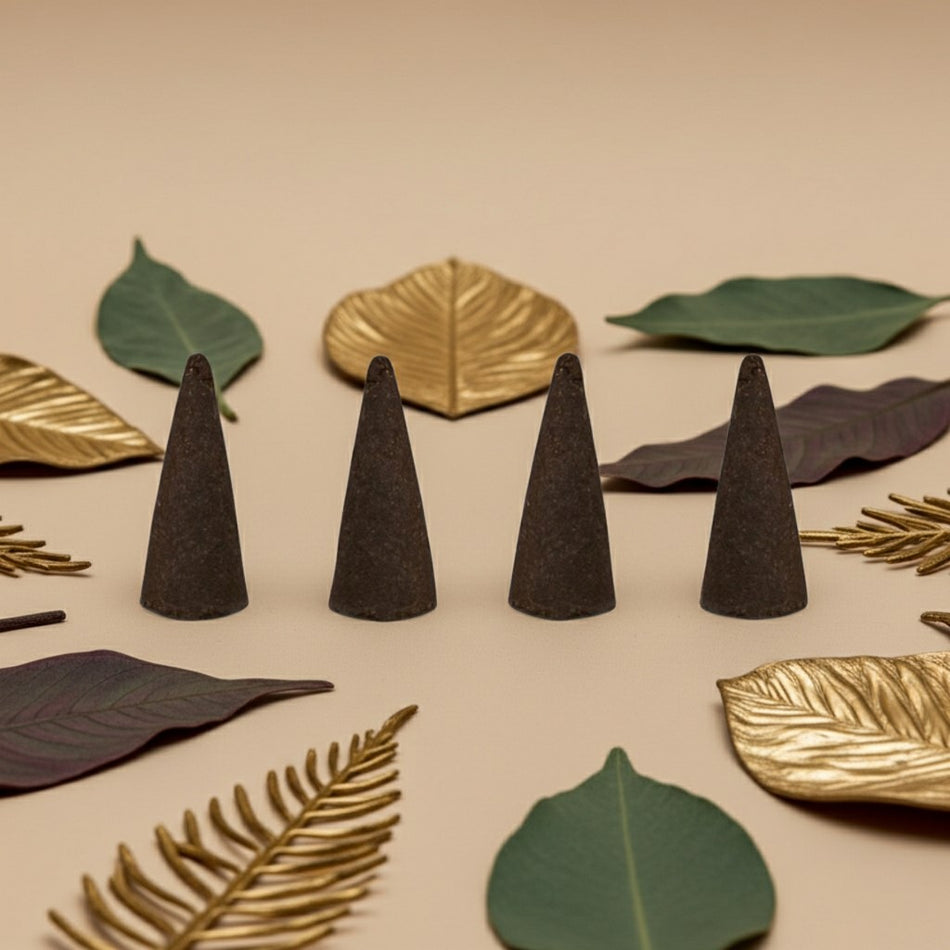 Imported Jannatul Firdaus Incense Cones with decorative leaves on a beige background