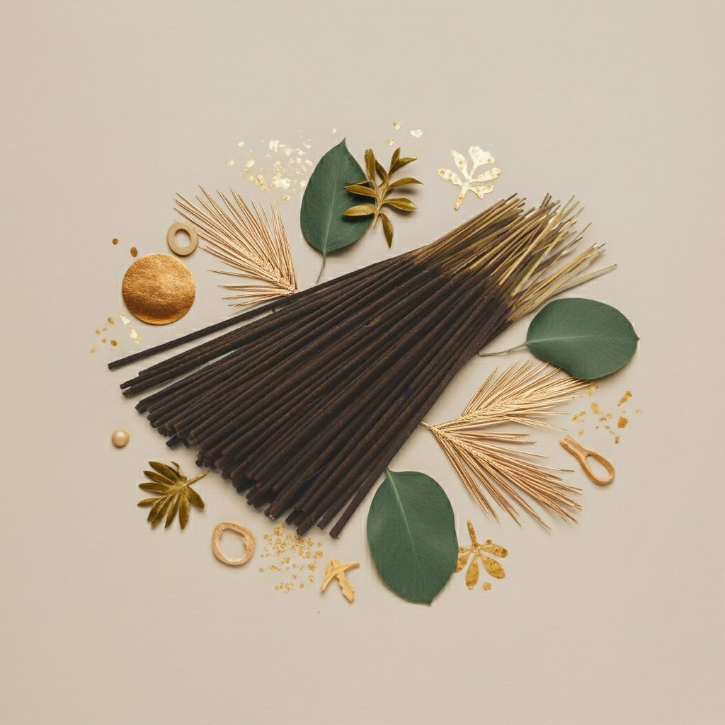 Imported Jannatul Firdaus Incense Sticks with a pink ribbon surrounded by leaves and small round objects on a beige background