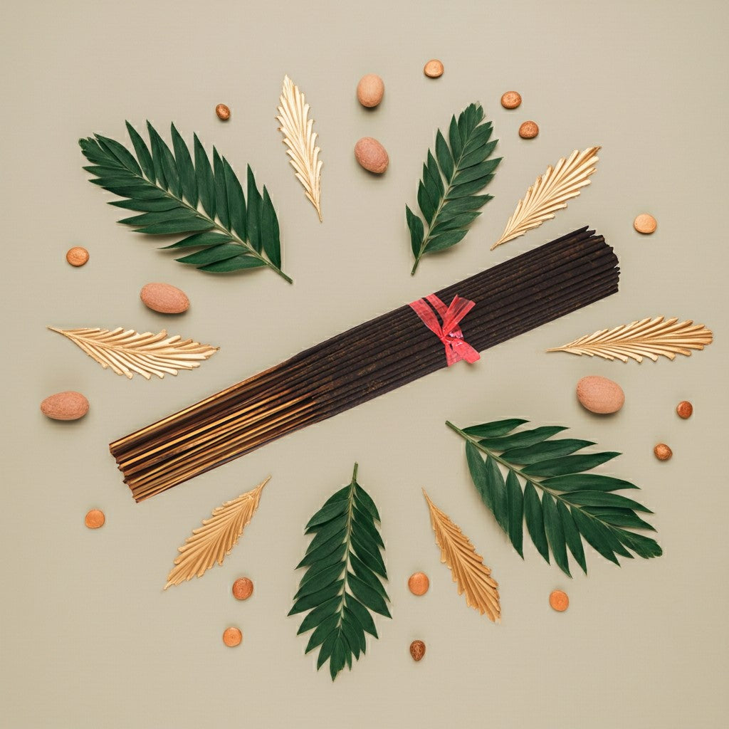 Imported Jannatul Firdaus Incense Sticks with a pink ribbon surrounded by leaves and small round objects on a beige background