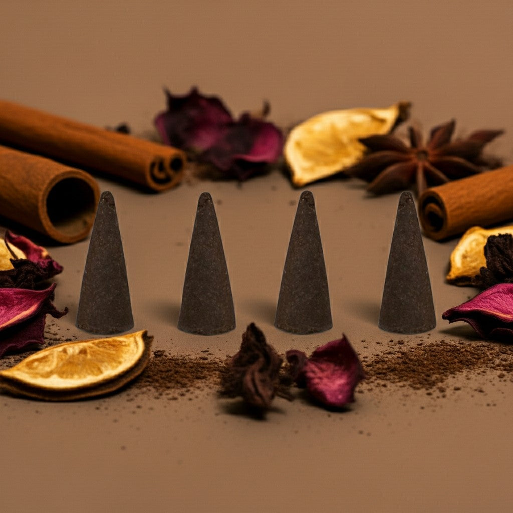 Imported Opium Incense Cones with cinnamon sticks, dried flowers, and spices on a brown background