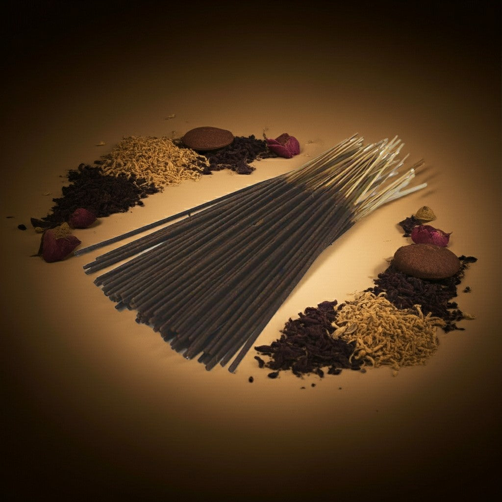 Imported Opium Incense Sticks with a pink label on a beige background with dried fruits and seeds.