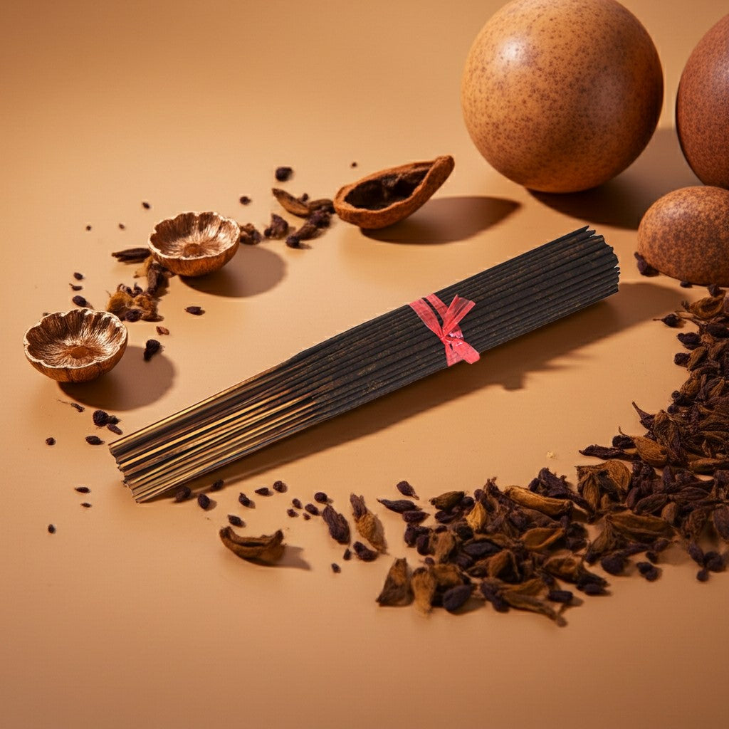 Imported Opium Incense Sticks with a pink label on a beige background with dried fruits and seeds.
