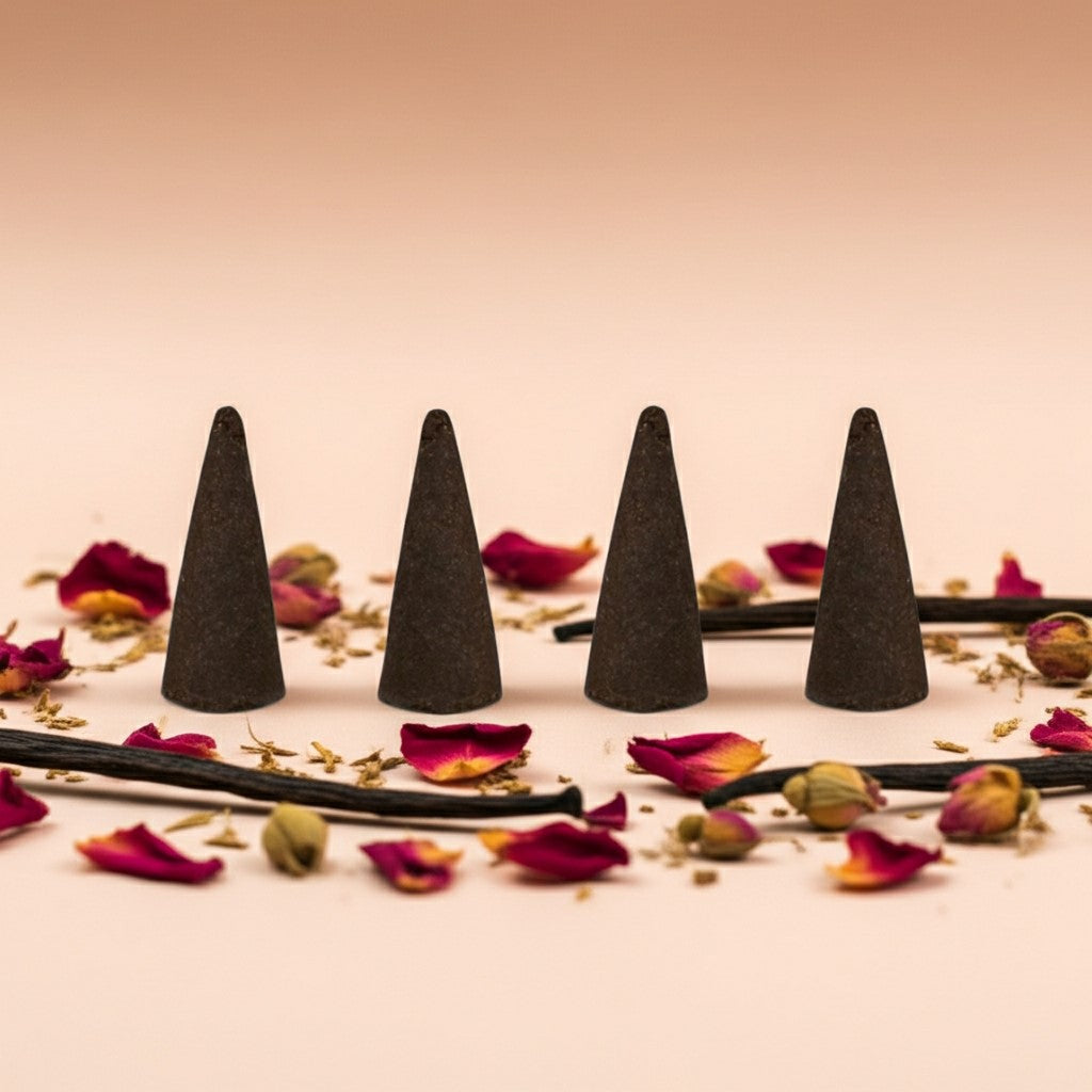 Imported Rose Vanilla Incense Cones on a surface with dried flowers and herbs.