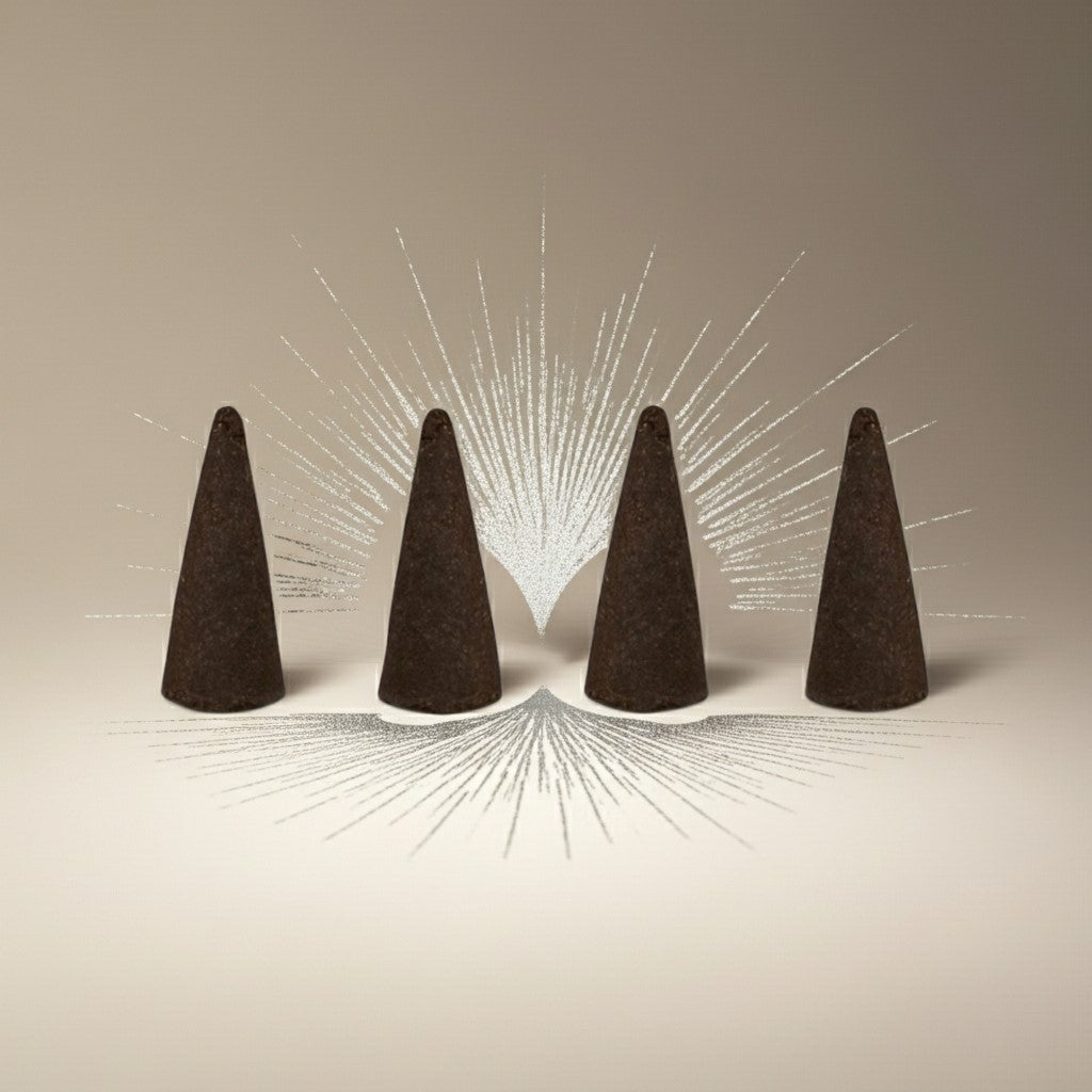 Imported Tahara Musk Incense Cones on a beige background with radiating lines.