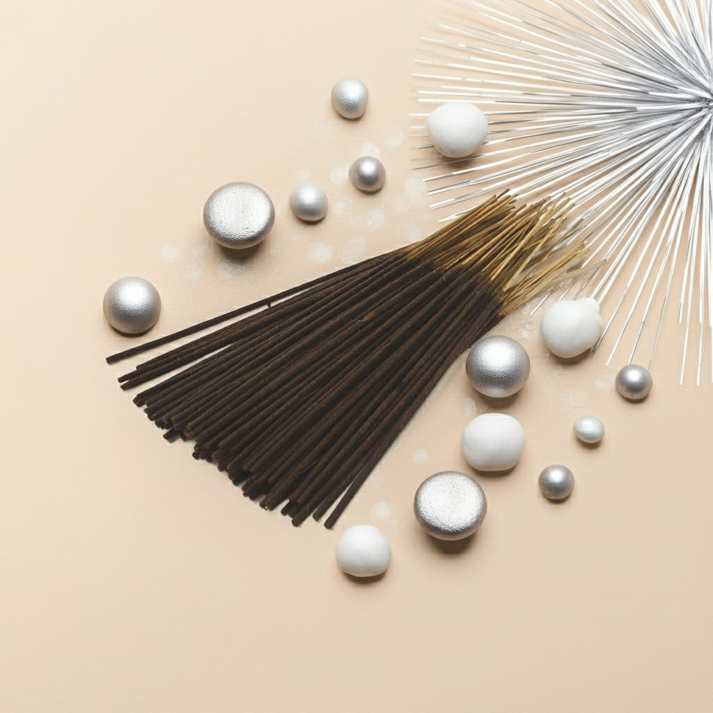 Imported Tahara Musk Incense Sticks with silver and white ceramic balls on a beige background
