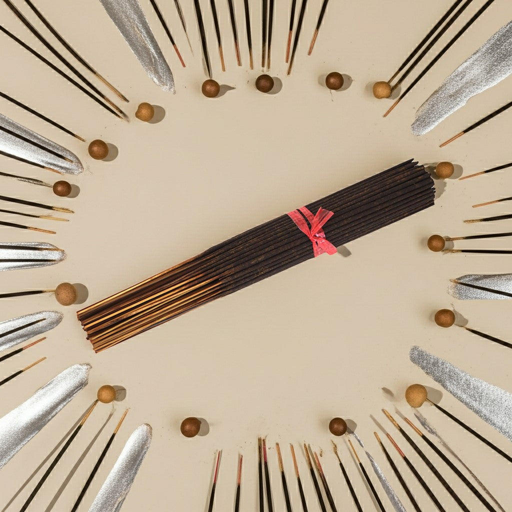 Imported Tahara Musk Incense Sticks with a pink ribbon arranged in a circular pattern on a beige background