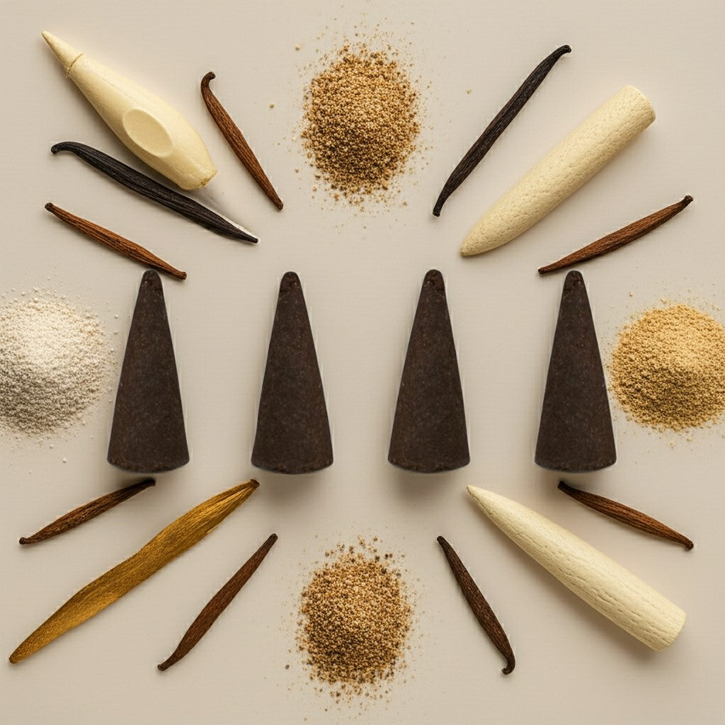 Imported Vanilla Musk Incense Cones and sticks with spices on a light background