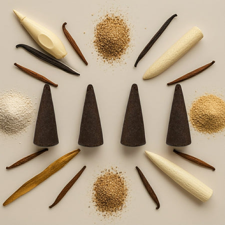 Imported Vanilla Musk Incense Cones and sticks with spices on a light background