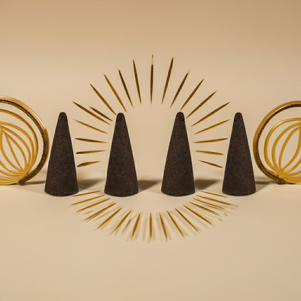 Imported White Oud Incense Cones with gold circular designs on a beige background