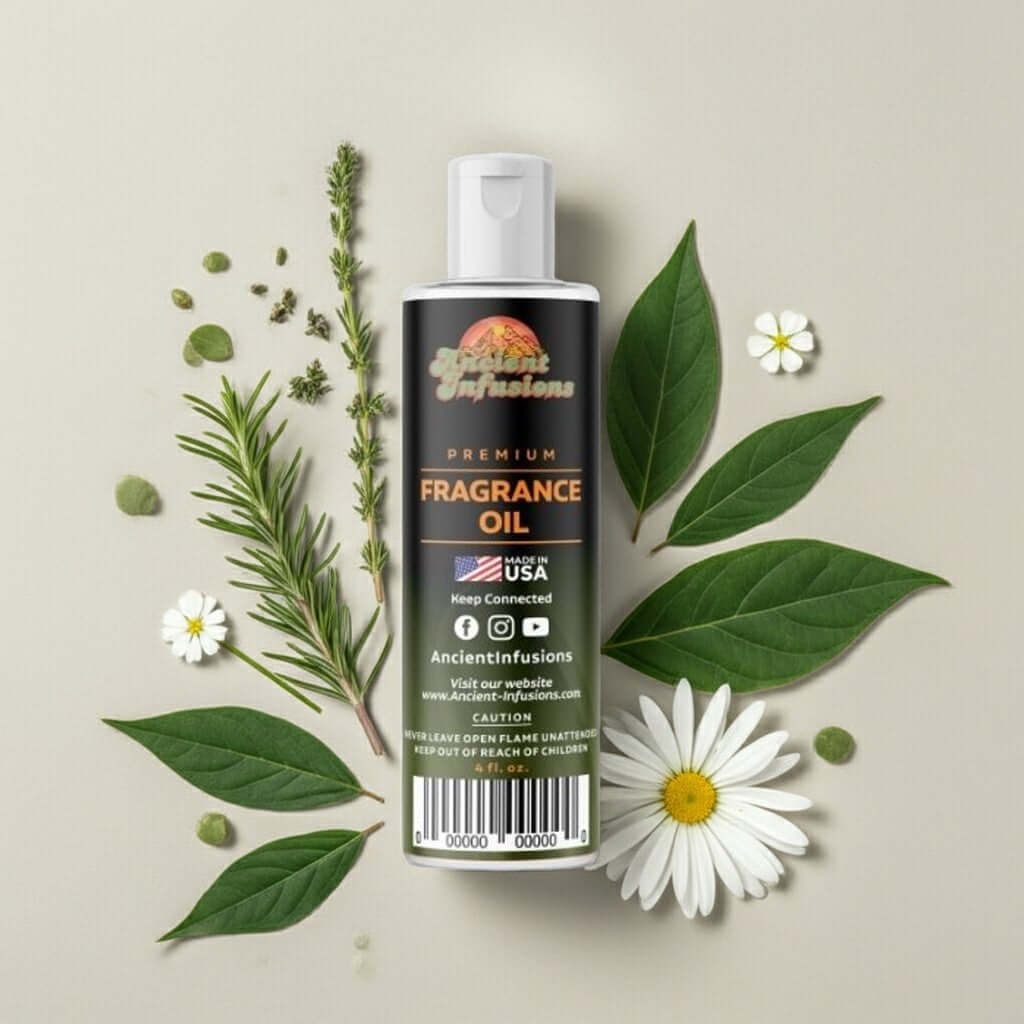 Bottle of Irish Spring Fragrance Oil surrounded by fresh herbs and flowers, premium quality, made in USA, pure and uncut scent.