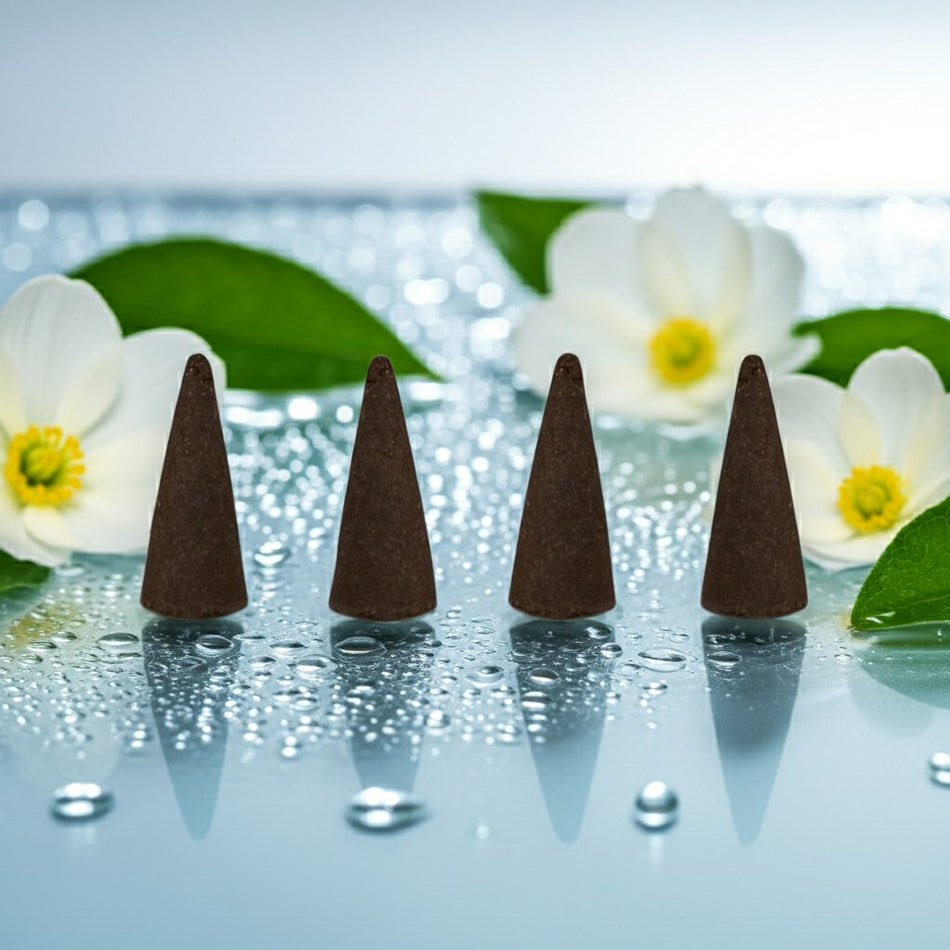 Issey Miyake Inspired Incense Cones on a reflective surface with white flowers and green leaves in the background.