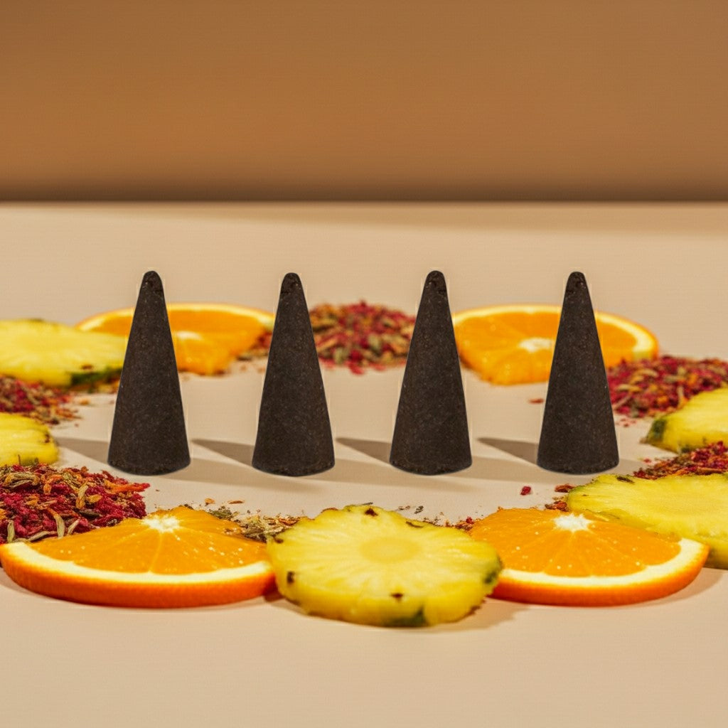 Jamaican Fruit Incense Cones on a surface with sliced oranges and pineapple