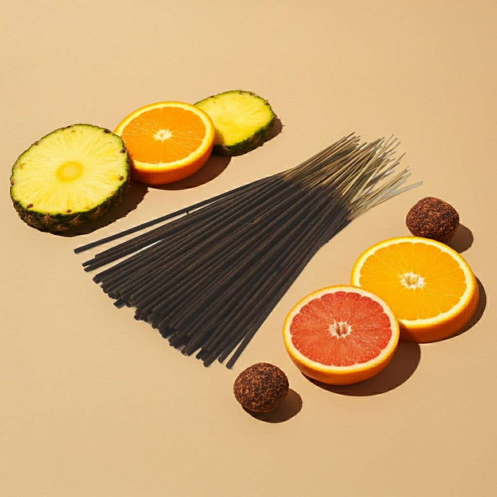 Jamaican Fruit Incense Sticks with sliced oranges, pineapples, and grapefruits on a beige background