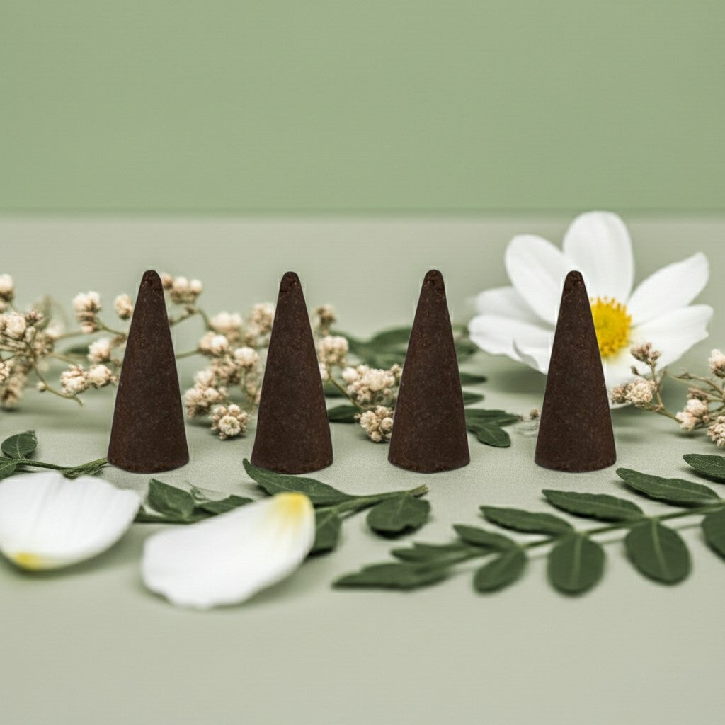 Jasmine Incense Cones on a light green background with white flowers and green leaves.
