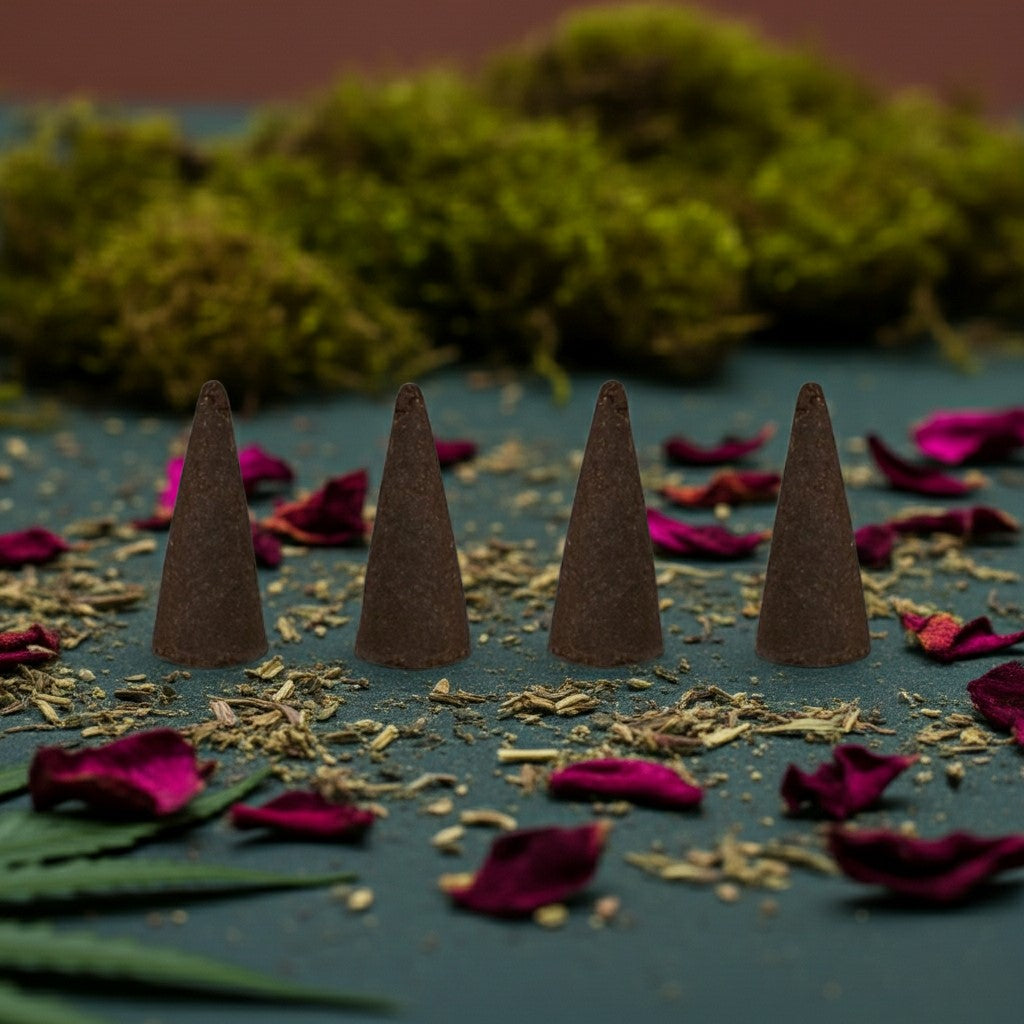 Kush Incense Cones on a dark surface with dried leaves and flowers, against a blurred natural background.