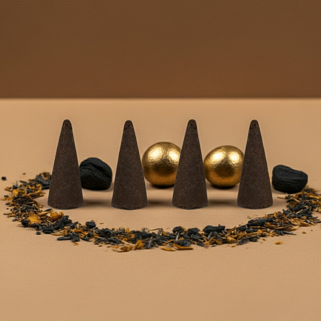 Lagerfeld Inspired Incense Cones with gold balls and dried leaves on a brown background
