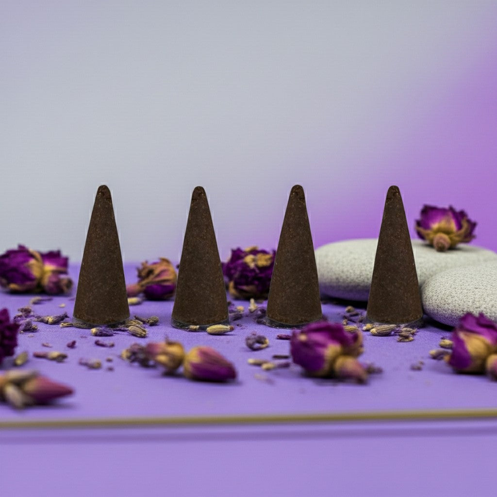 Lavender Incense Cones on a purple surface with dried flowers.
