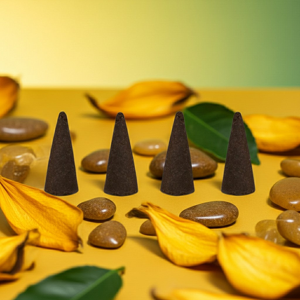 Lemon Incense Cones on stones with leaves and shells in the background