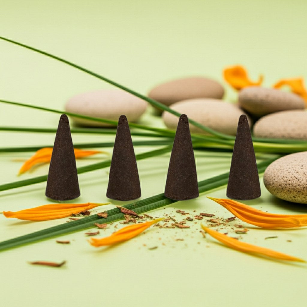 Lemongrass Incense Cones on a light green surface with stones and grass.