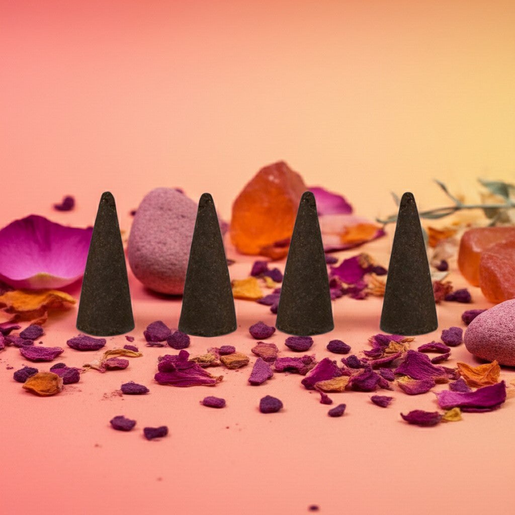 Lick Me All Over Incense Cones on a colorful background with stones and flowers