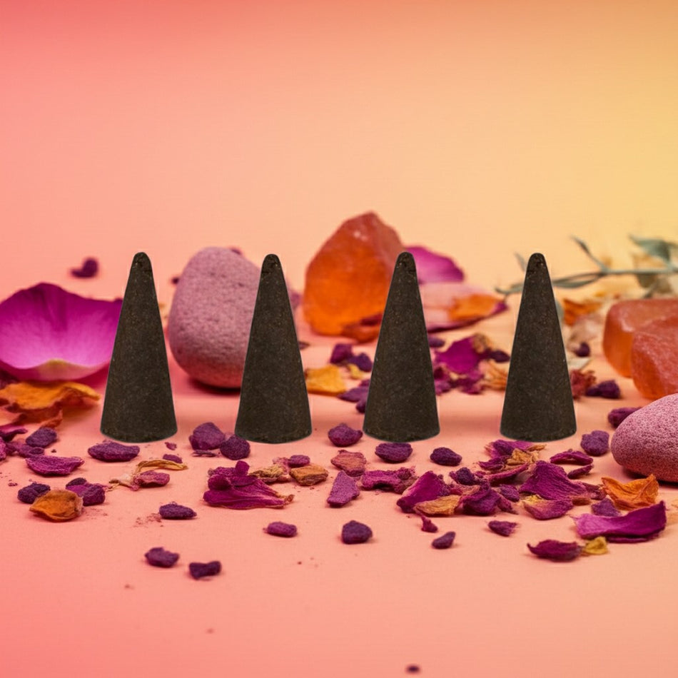 Lick Me All Over Incense Cones on a colorful background with stones and flowers