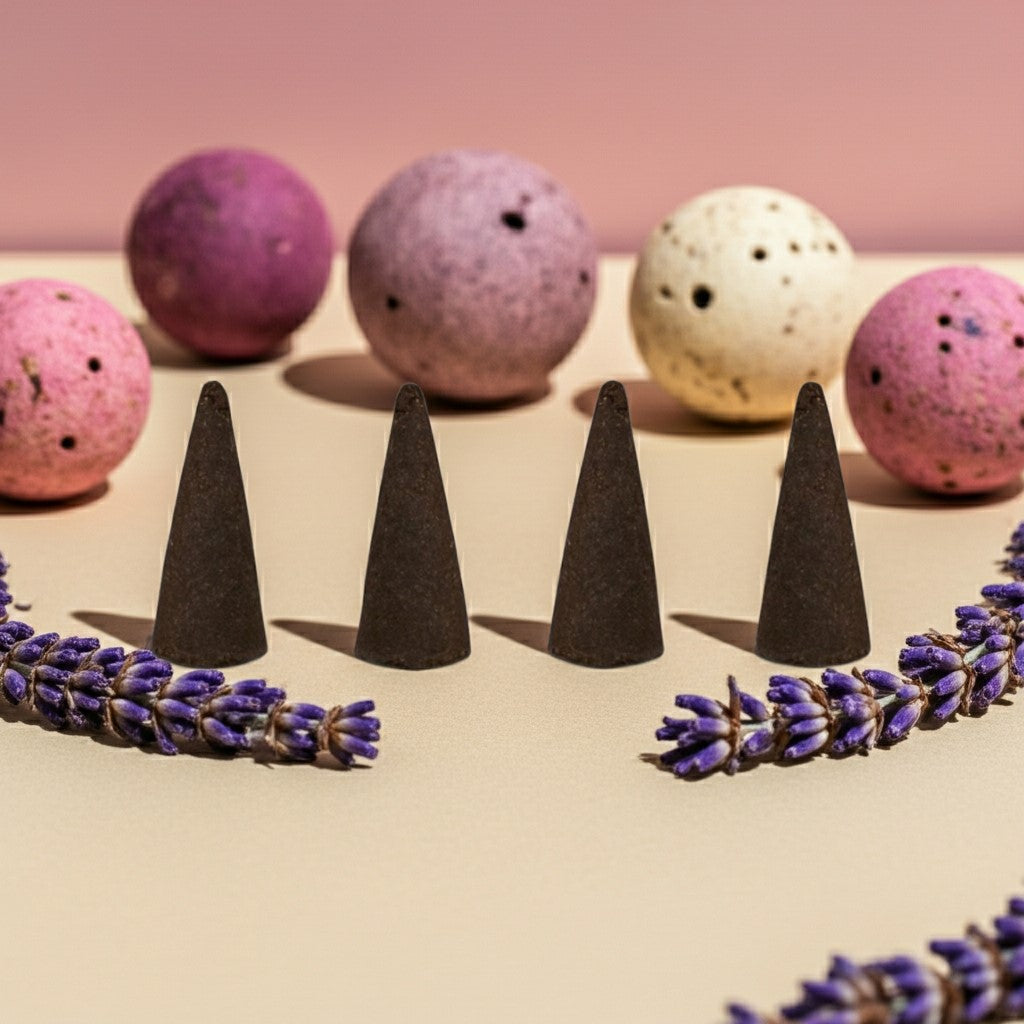 Love Spell Inspired Incense Cones with lavender on a beige surface