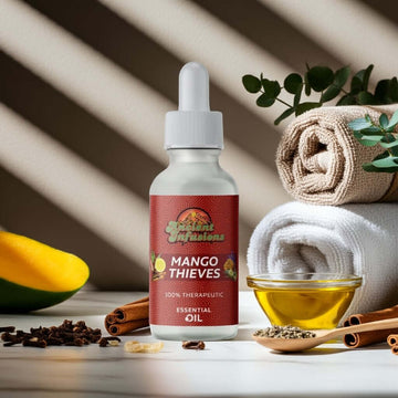 Mango Thieves essential oil blend by Ancient Infusions, crafted for use in diffusers, hair care, skin rejuvenation, and nail health. A tropical and invigorating blend of mango with natural essential oils, promoting wellness and vitality.